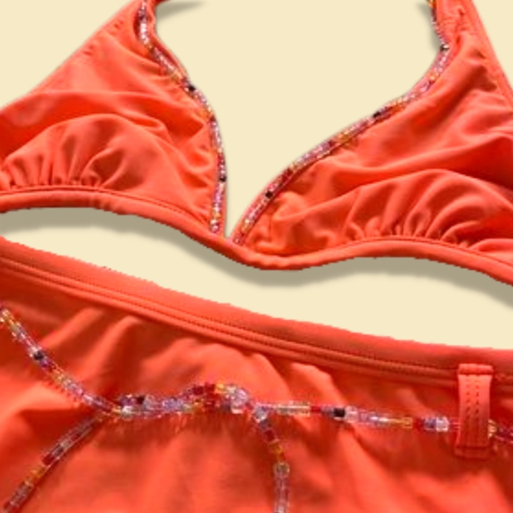 Beaded String Bikini Skirt Swimsuit Bright Orange